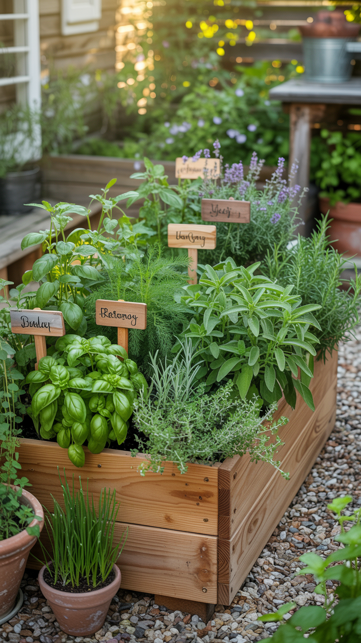 Raised bed herb garden design with useful herbs