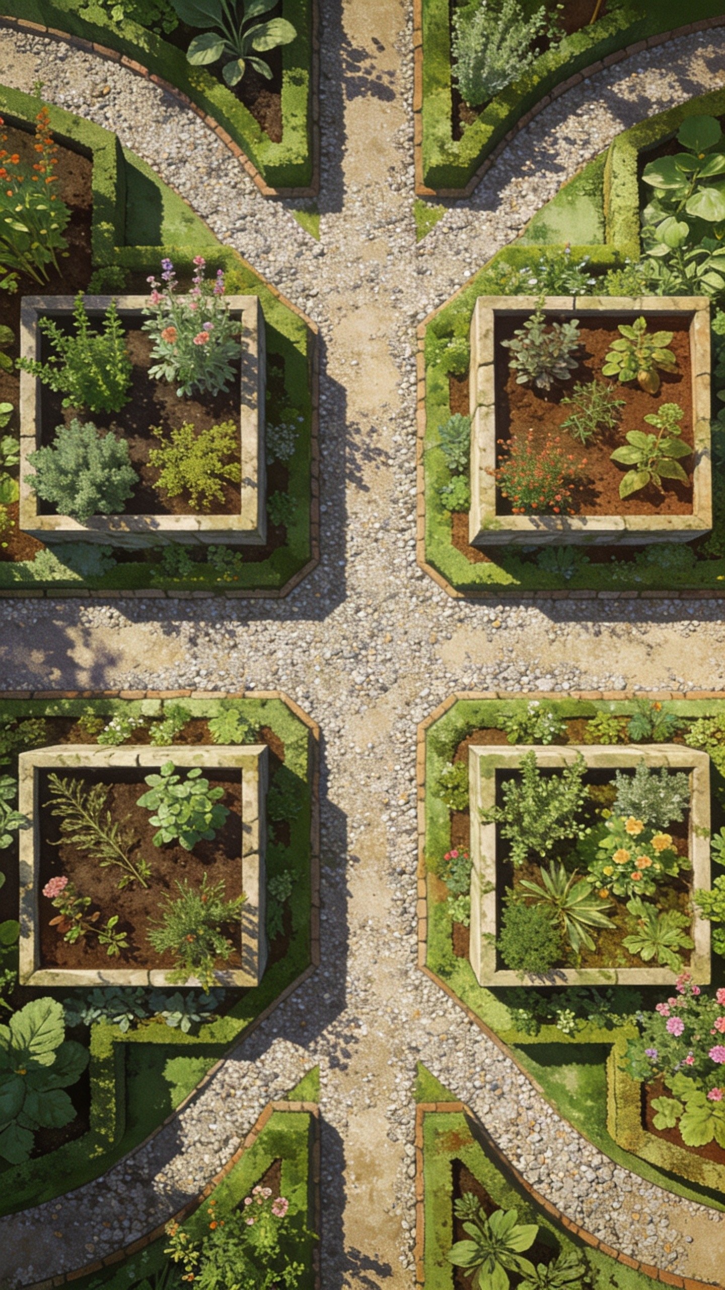 Four-square medicinal herb garden layout with central crossing paths