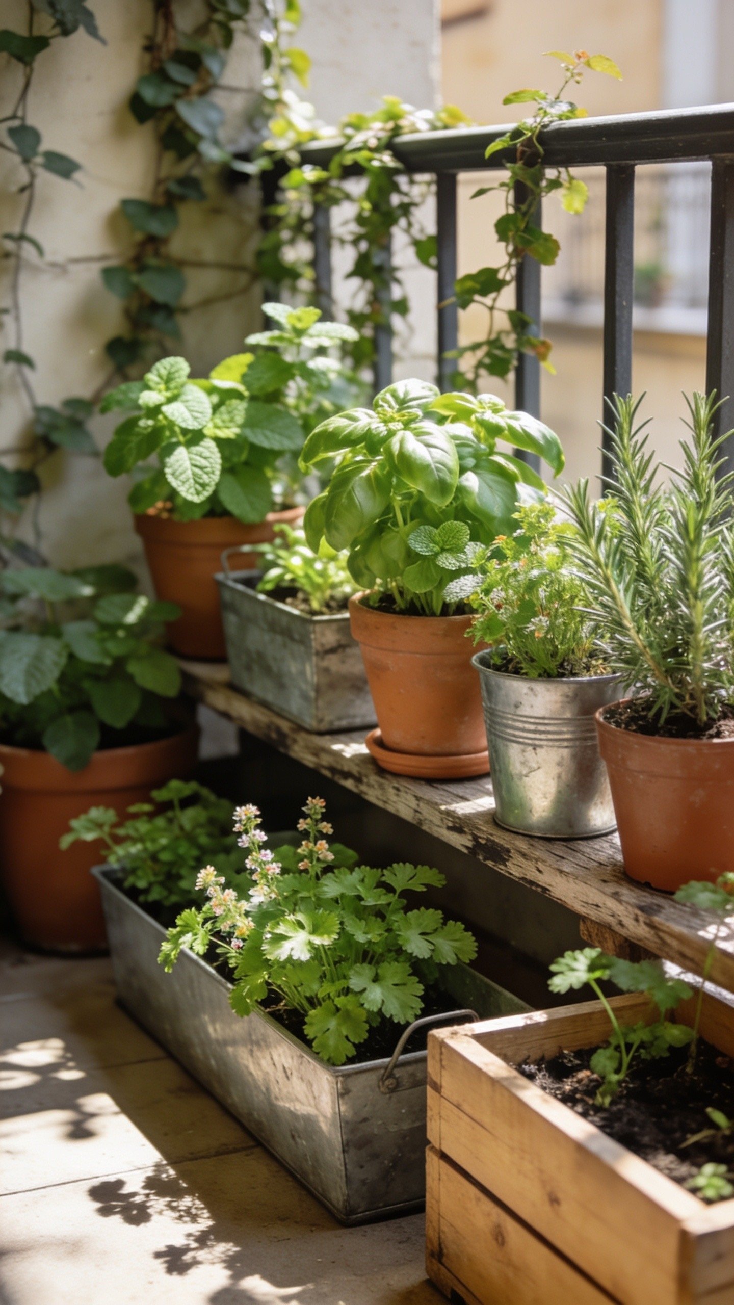Container herb garden for a balcony or courtyard