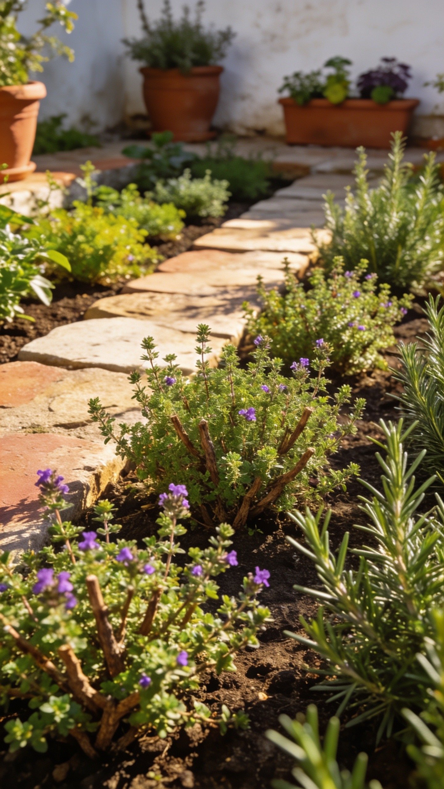 Sunny Mediterranean herb garden with thyme and rosemary