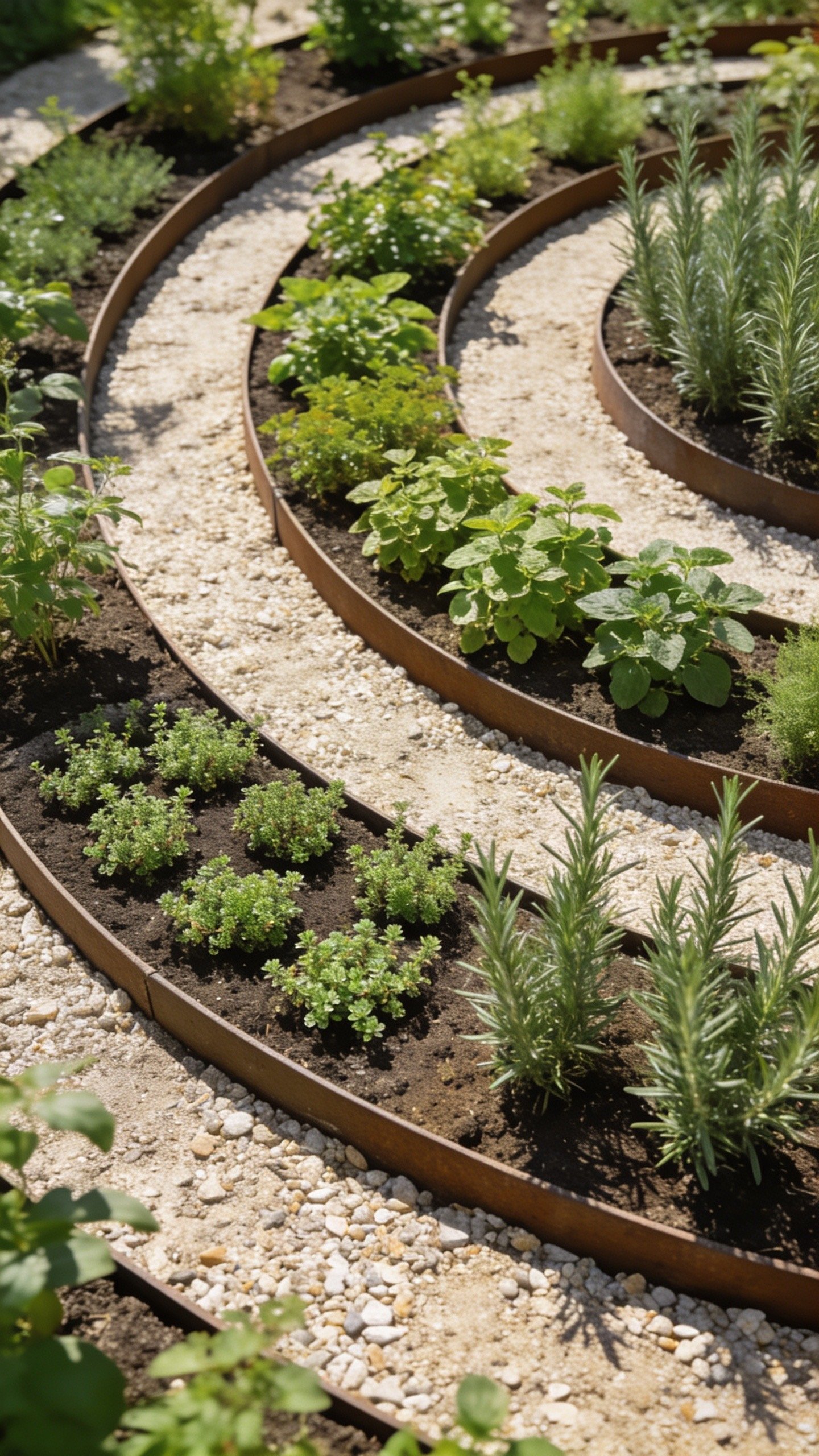Circular herb garden layout with concentric planting rings