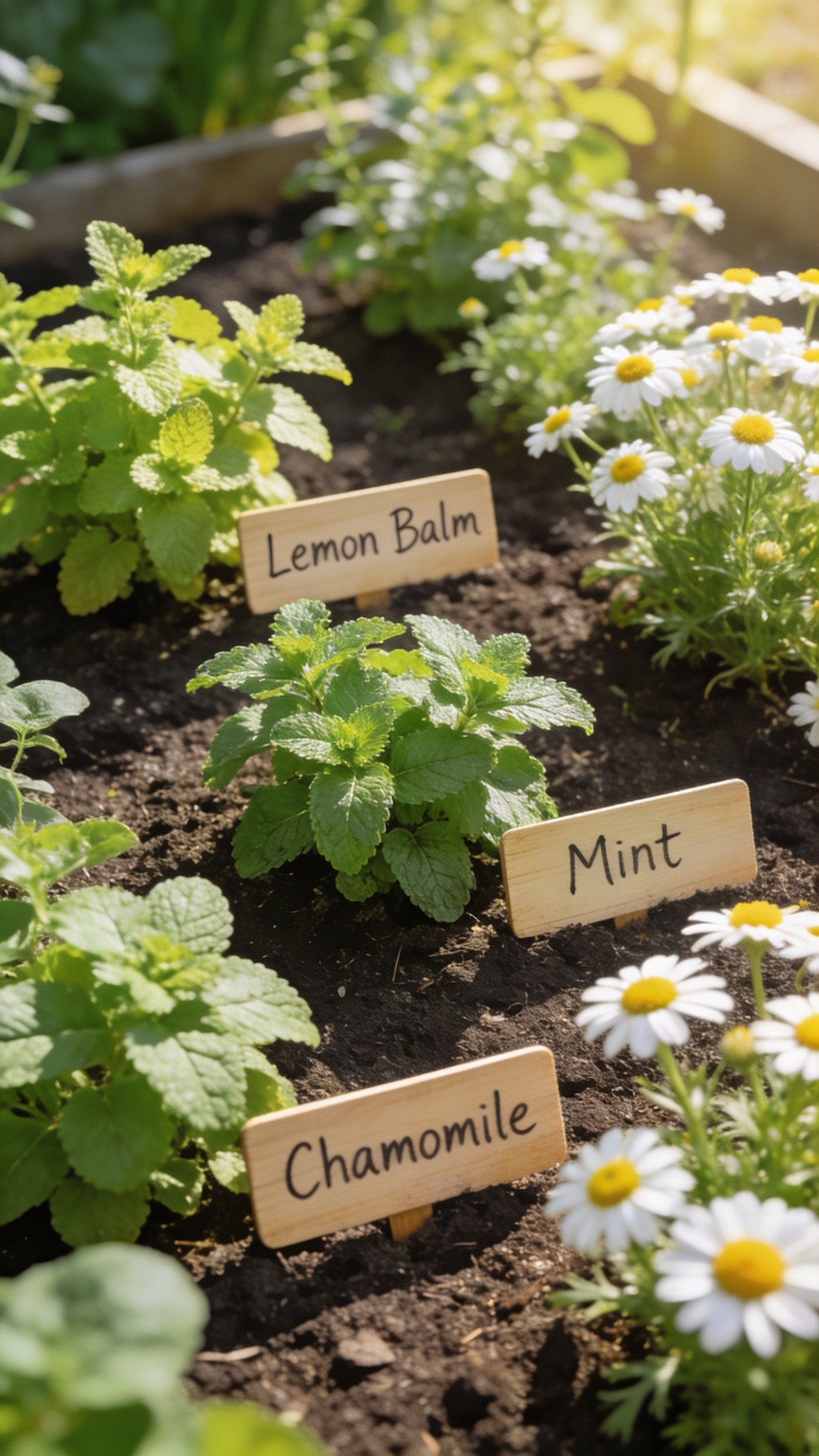 Labeled tea herb garden with lemon balm mint and chamomile