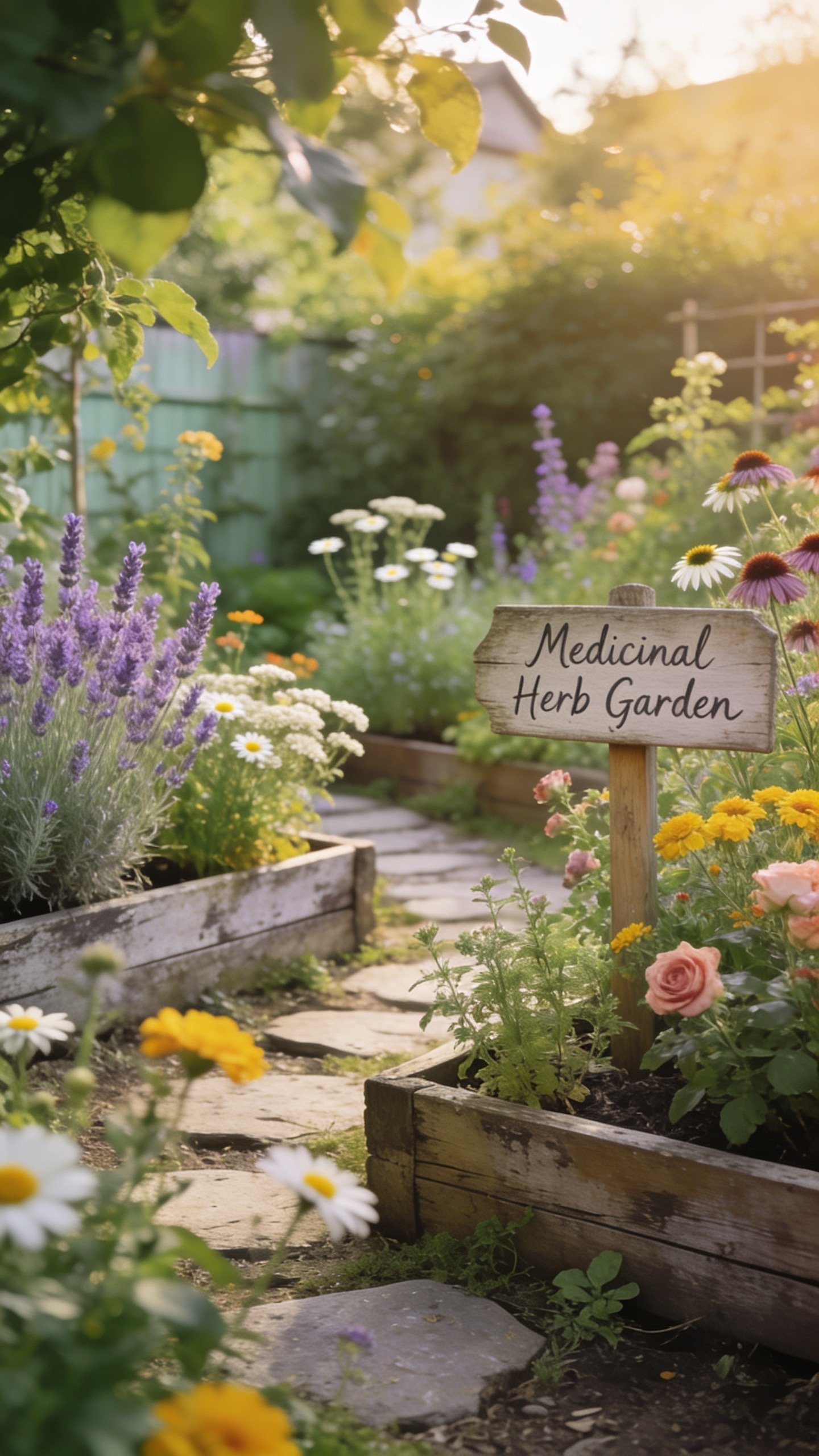 Cottage-style medicinal herb garden with flowers