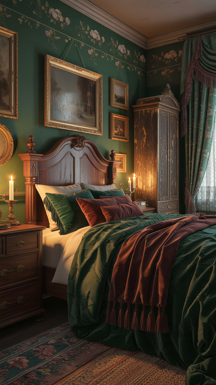 Small Victorian bedrooms with moody green walls and antique wood