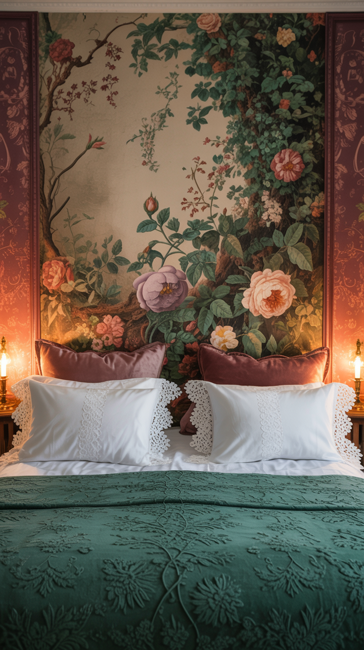 Victorian floral wallpaper behind a compact bedroom bed
