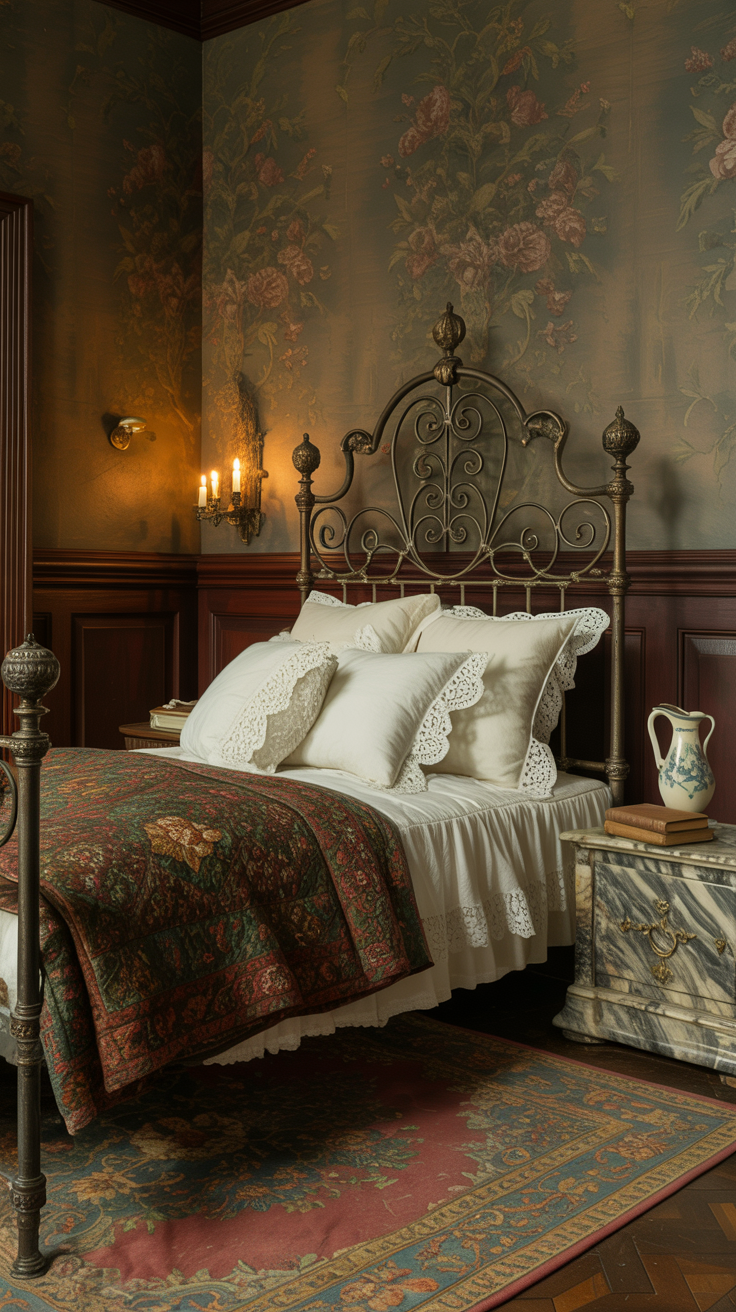 Antique-style iron bed in a small Victorian bedroom