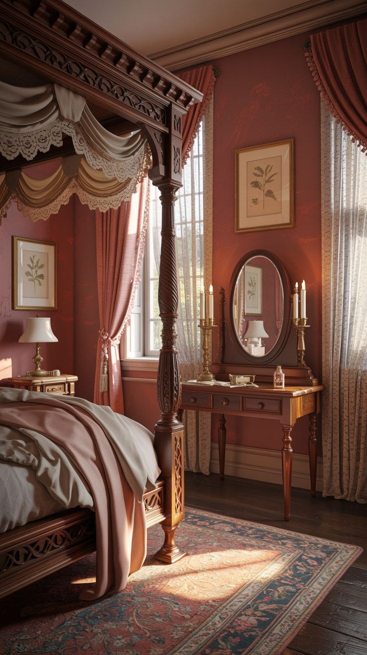 Dusty pink walls and antique wood in a Victorian bedroom