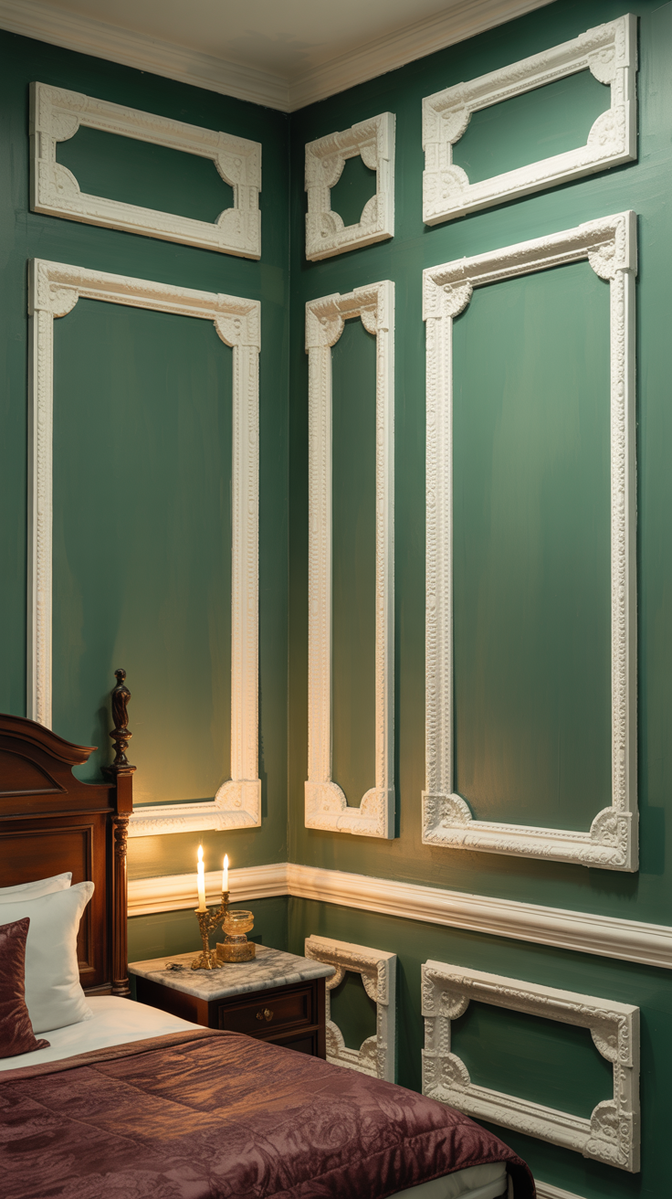 Picture-frame molding on walls in a compact Victorian bedroom