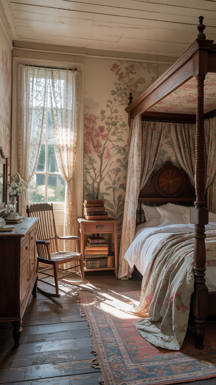 Cozy Victorian cottage bedroom with faded florals and old wood