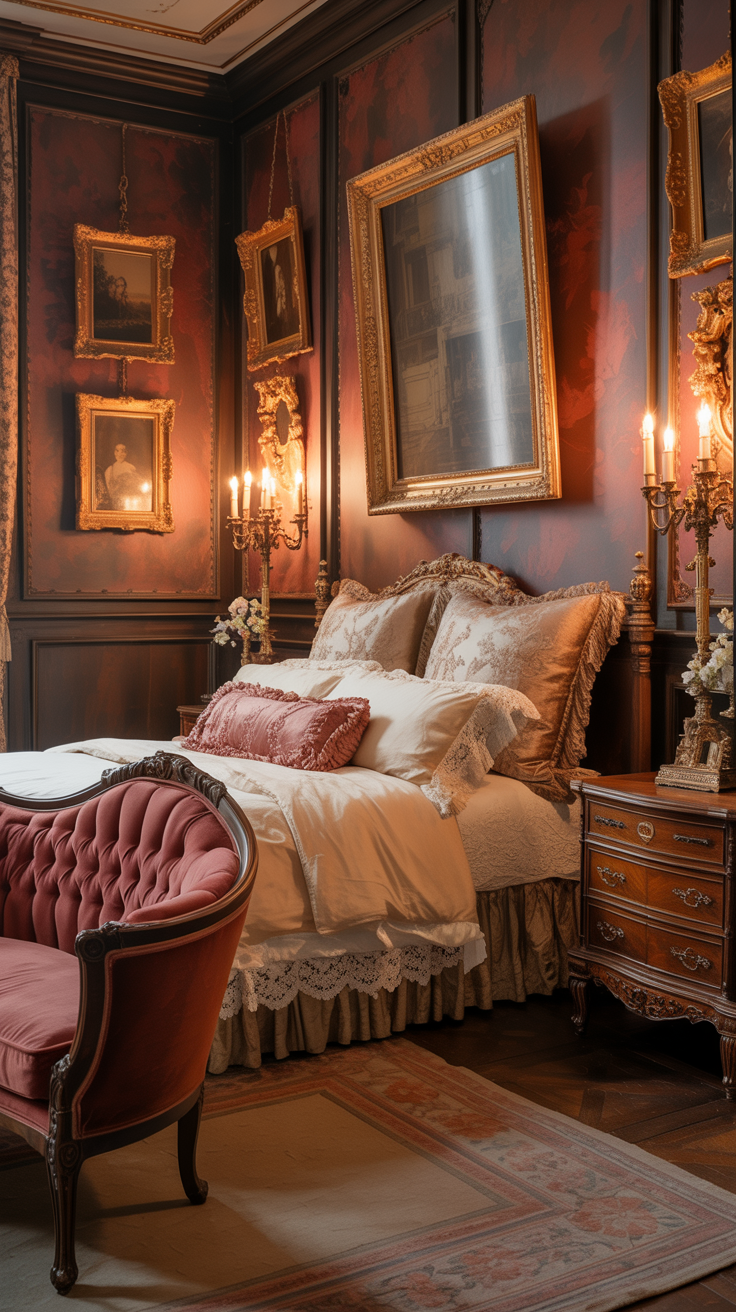 Burgundy walls with cream bedding in a Victorian bedroom