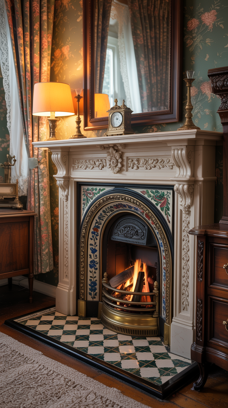 Original Victorian fireplace styled in a small bedroom