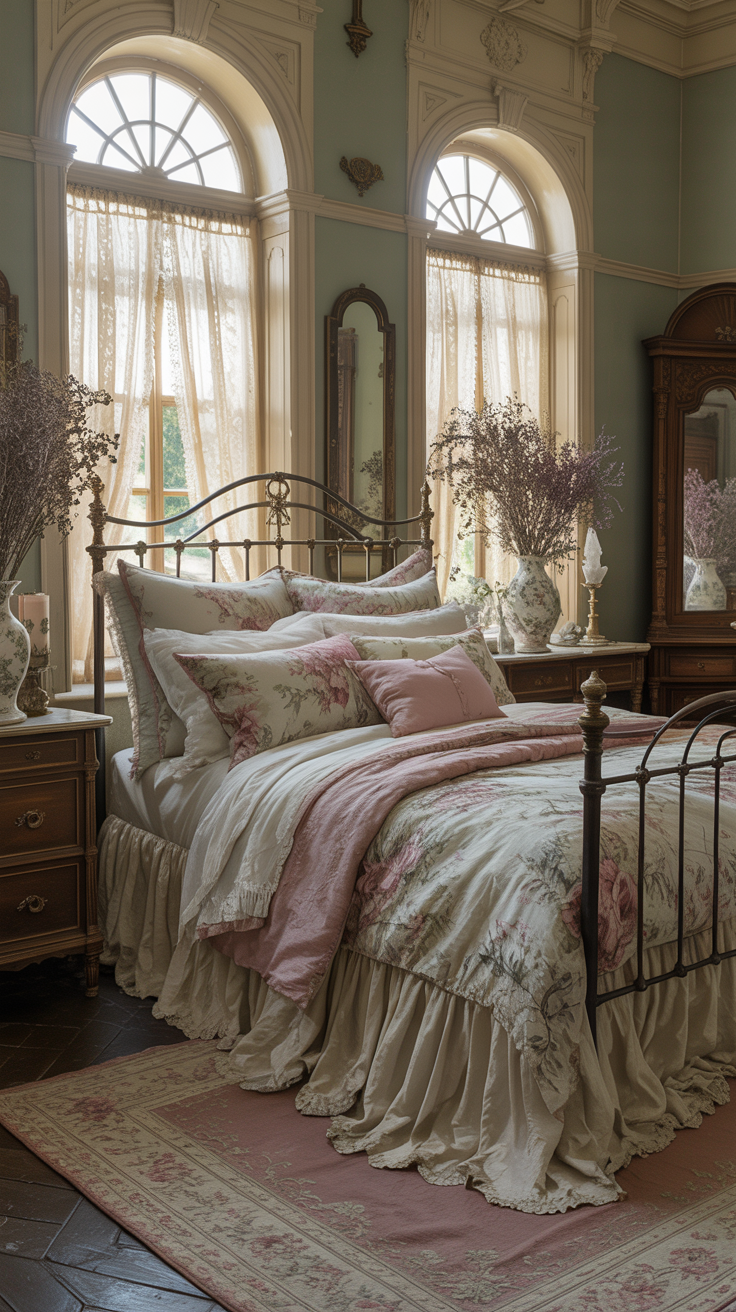 Sage green Victorian bedroom with faded floral fabrics
