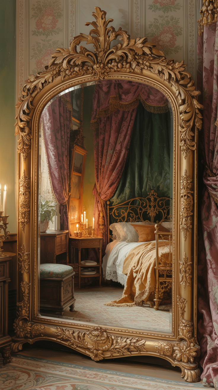 Large ornate mirror in a small Victorian bedroom