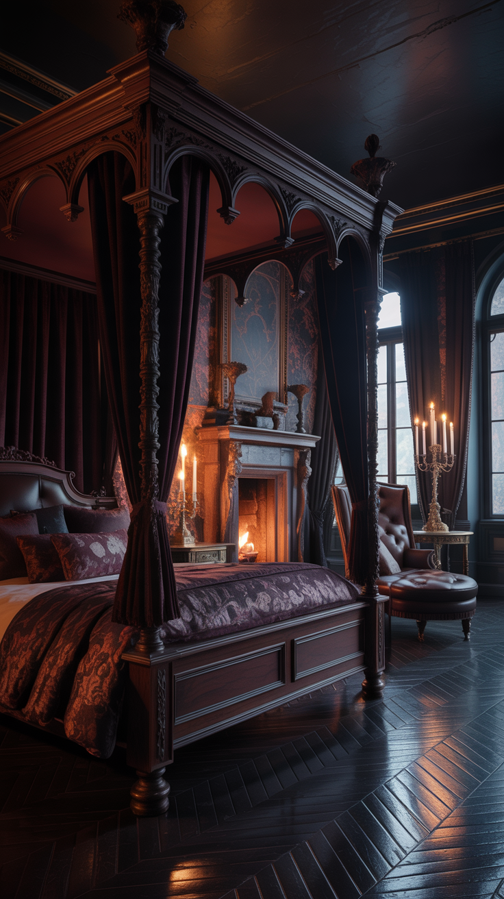 Charcoal walls and dark wood in a moody Victorian bedroom