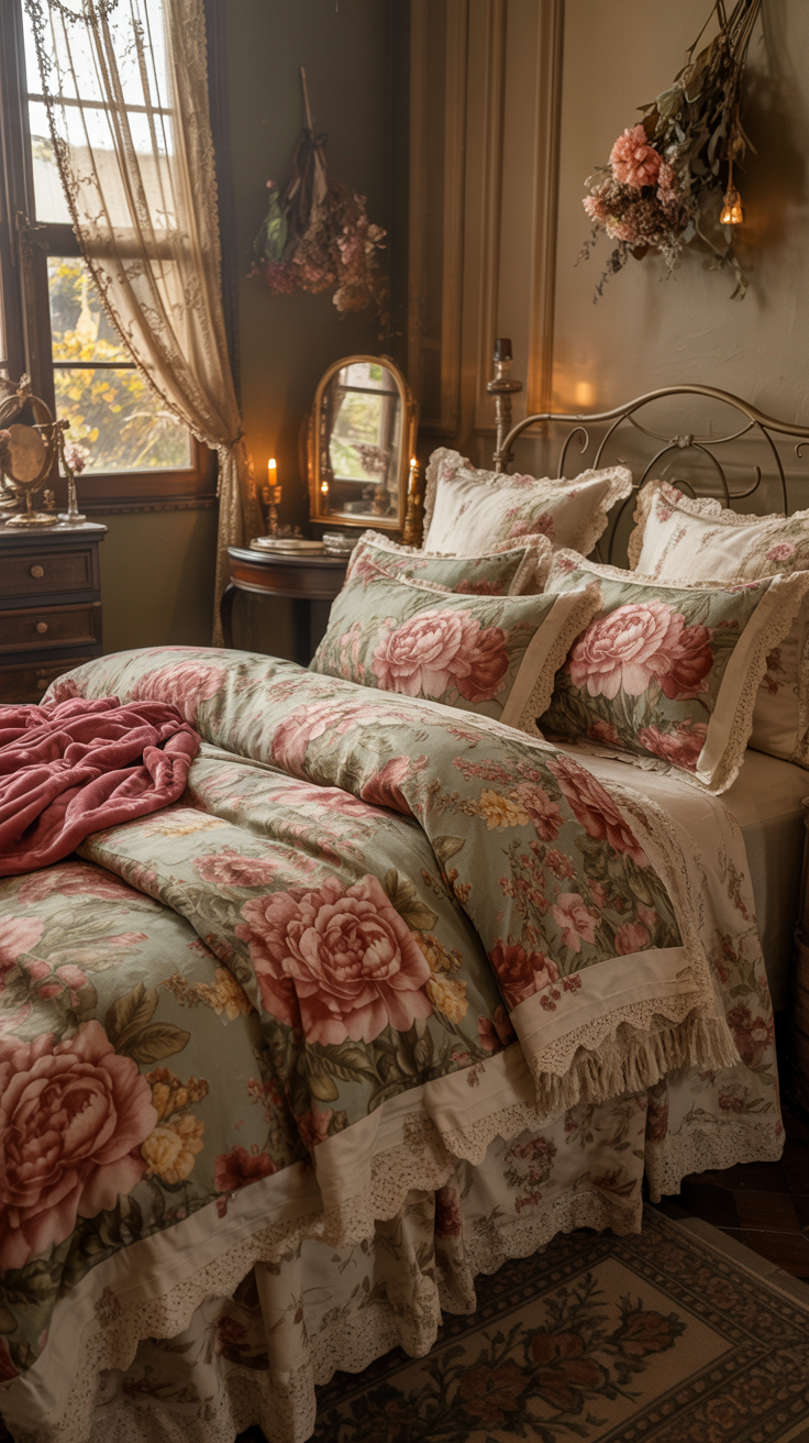 Layered floral bedding in a romantic small Victorian bedroom