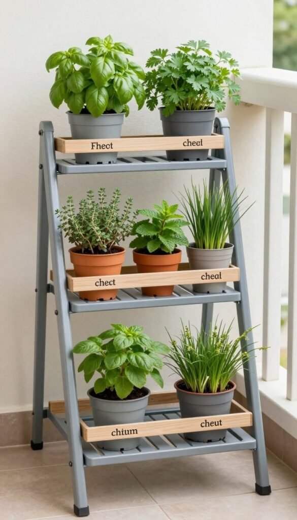 Ladder-style shelf displaying herb pots on a small balcony