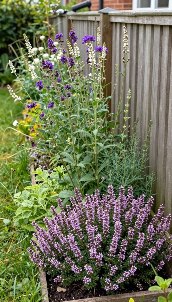 Layered medicinal herb border beside a fence