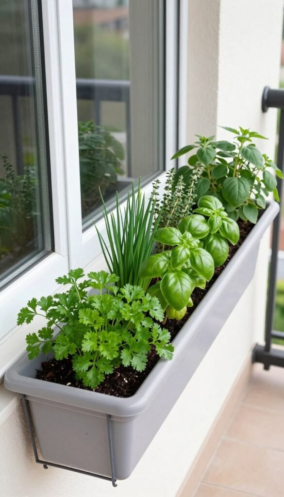 Long narrow balcony window box filled with culinary herbs