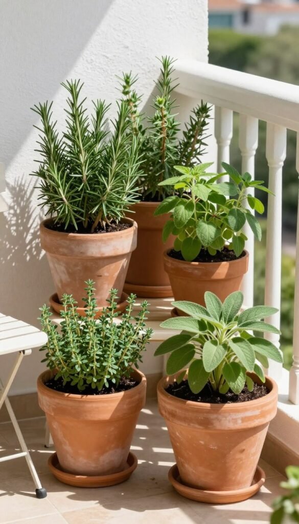 Mediterranean balcony herb garden with rosemary thyme oregano and sage