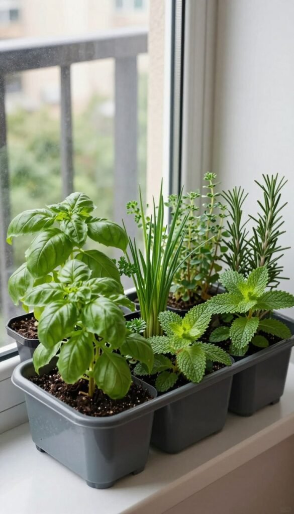 Mini balcony herb garden near a balcony door with cooking herbs