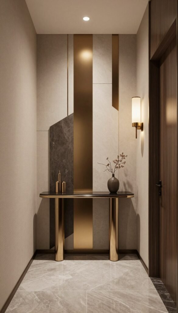 Modern art deco hallway with geometric shapes and warm light