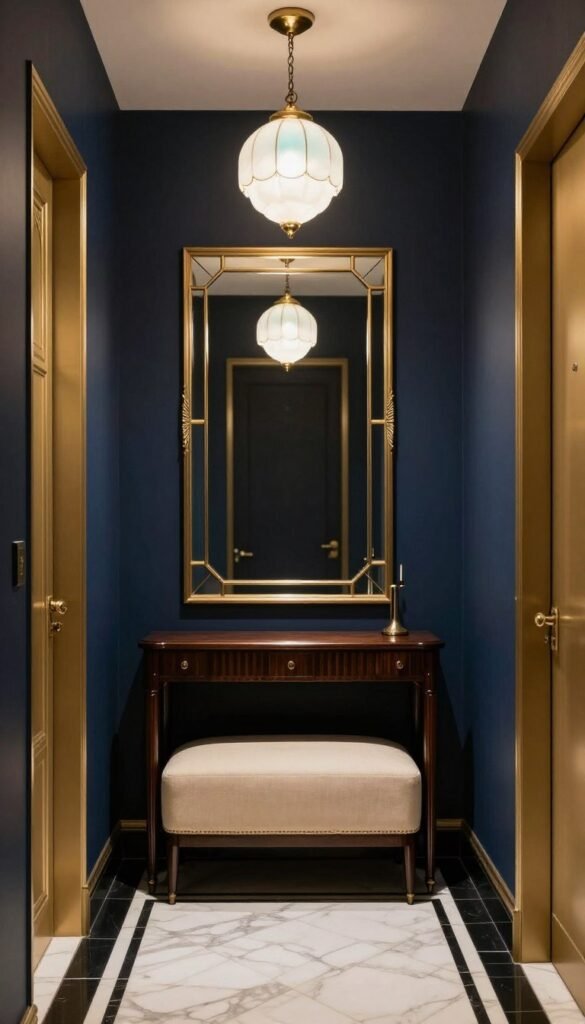 Navy and gold art deco hallway with brass mirror