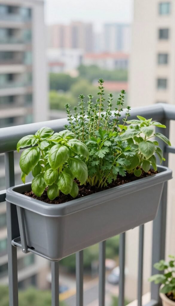 Secure balcony railing planter containing compact herbs