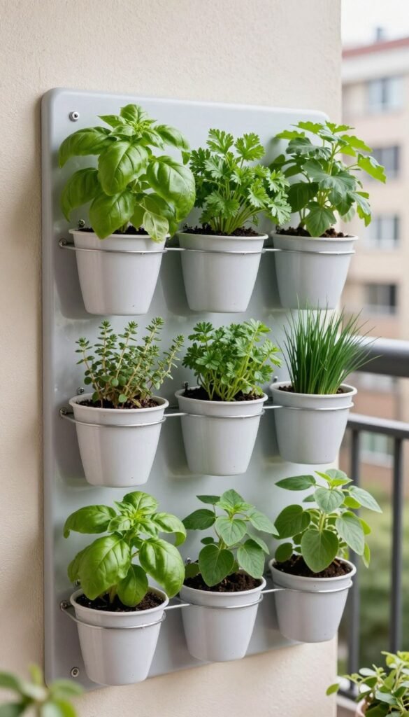 Secure wall-mounted balcony herb garden with planting pockets