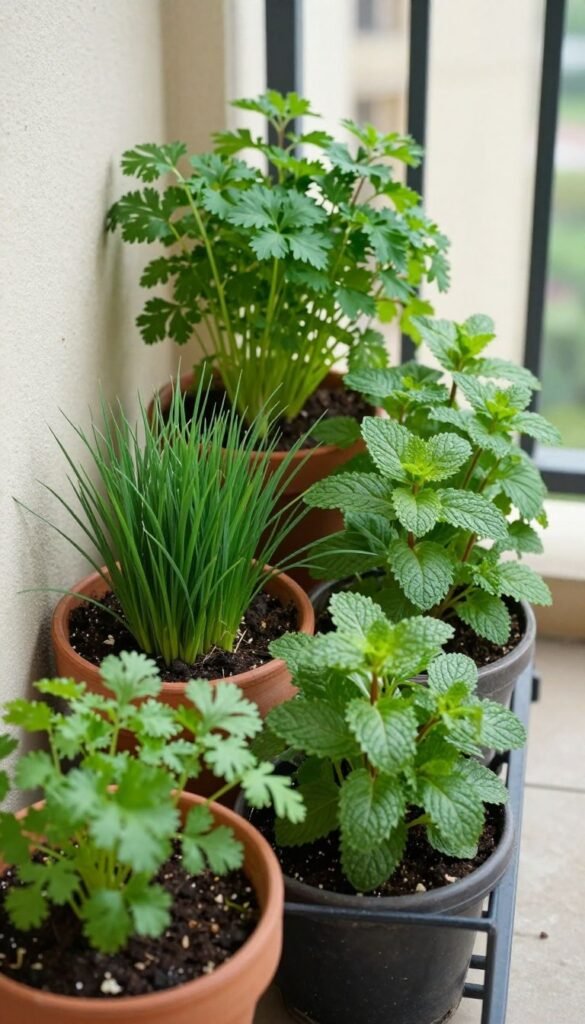 Shade-tolerant herbs growing on a partially shaded balcony