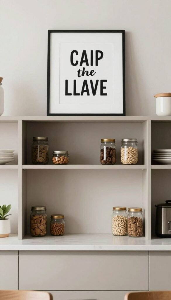 Simple typography art above a pantry counter