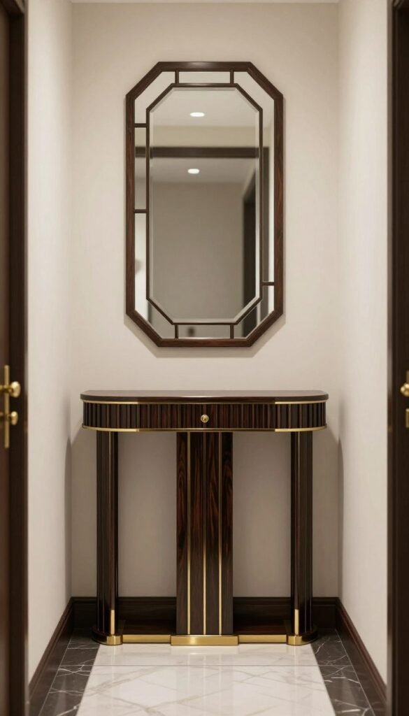 Slim console table in a narrow art deco hallway