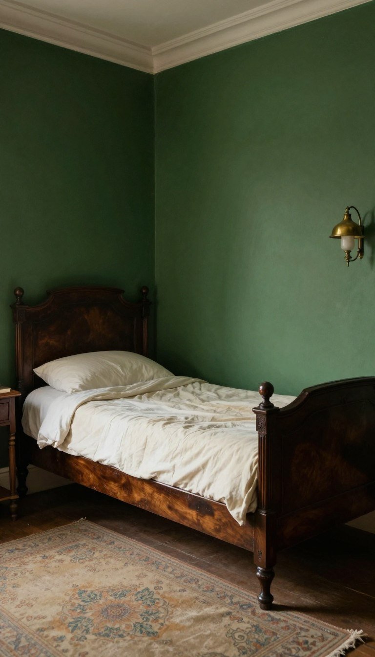 Small Victorian bedrooms with moody green walls and antique wood