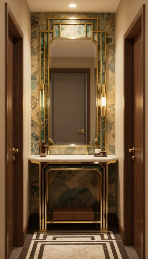 Small art deco hallway using mirrors and jewel tones