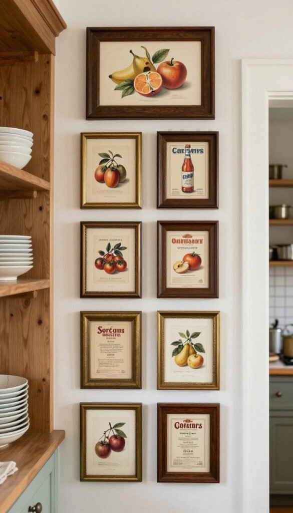 Small vintage food art gallery in a pantry