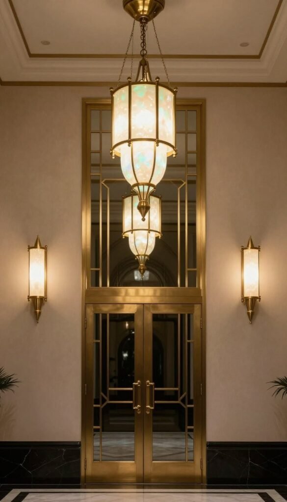 Statement lighting in a glamorous art deco entrance