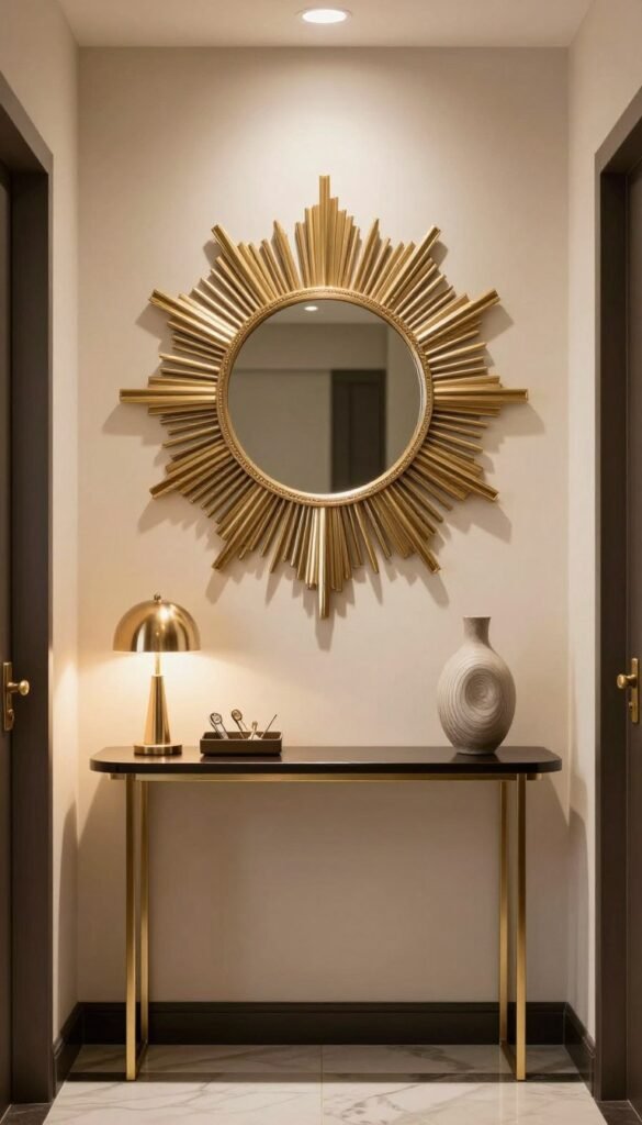 Sunburst mirror above a console in an art deco hallway