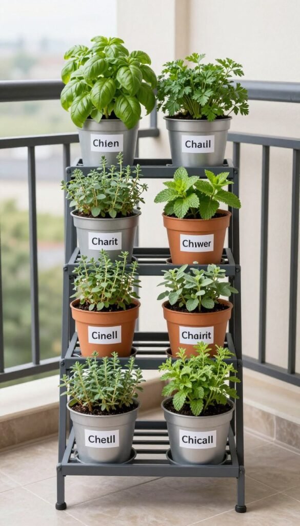Tiered plant stand filled with herb pots on a balcony