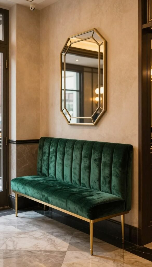 Velvet bench in a luxurious art deco entrance hall