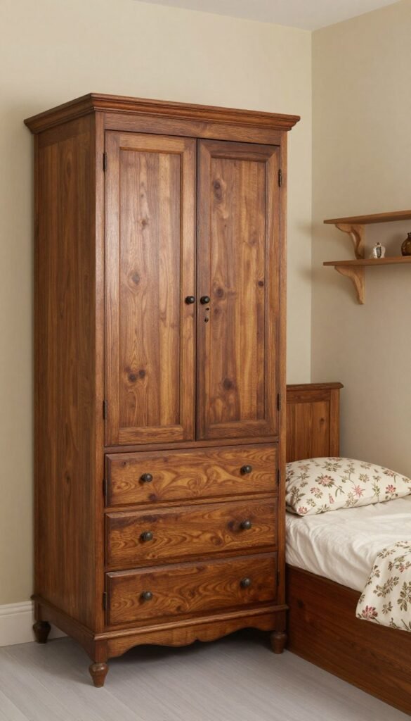 Vertical storage and antique furniture in a compact Victorian bedroom