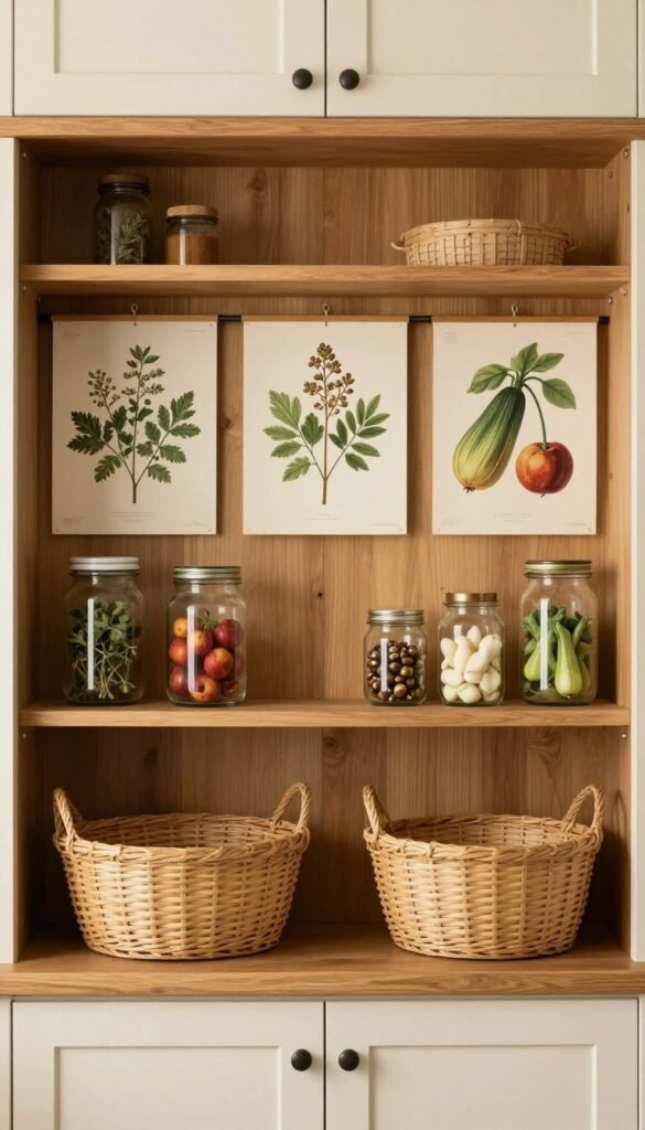 Vintage botanical prints above pantry shelves