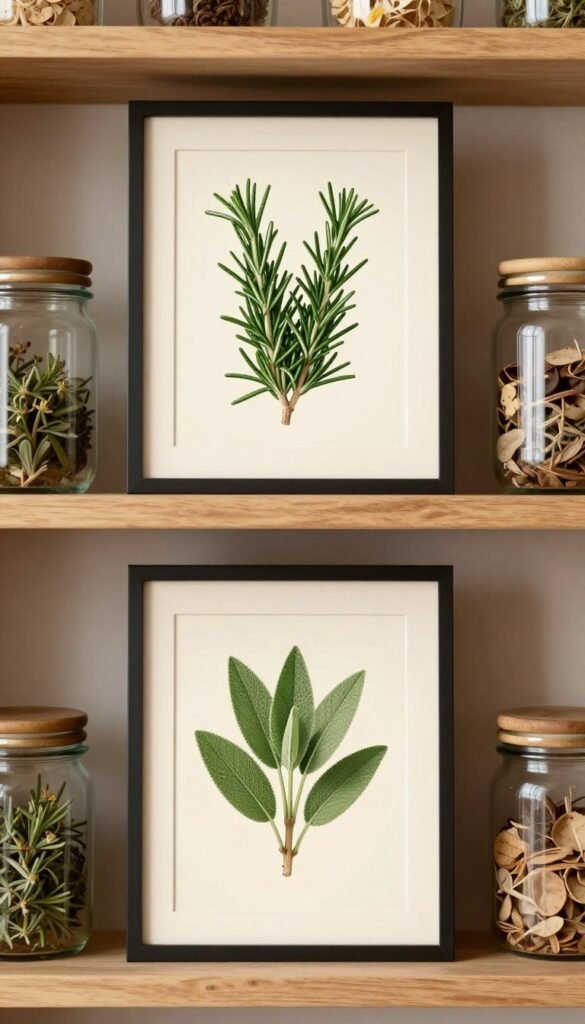 Vintage herb illustrations between pantry shelves