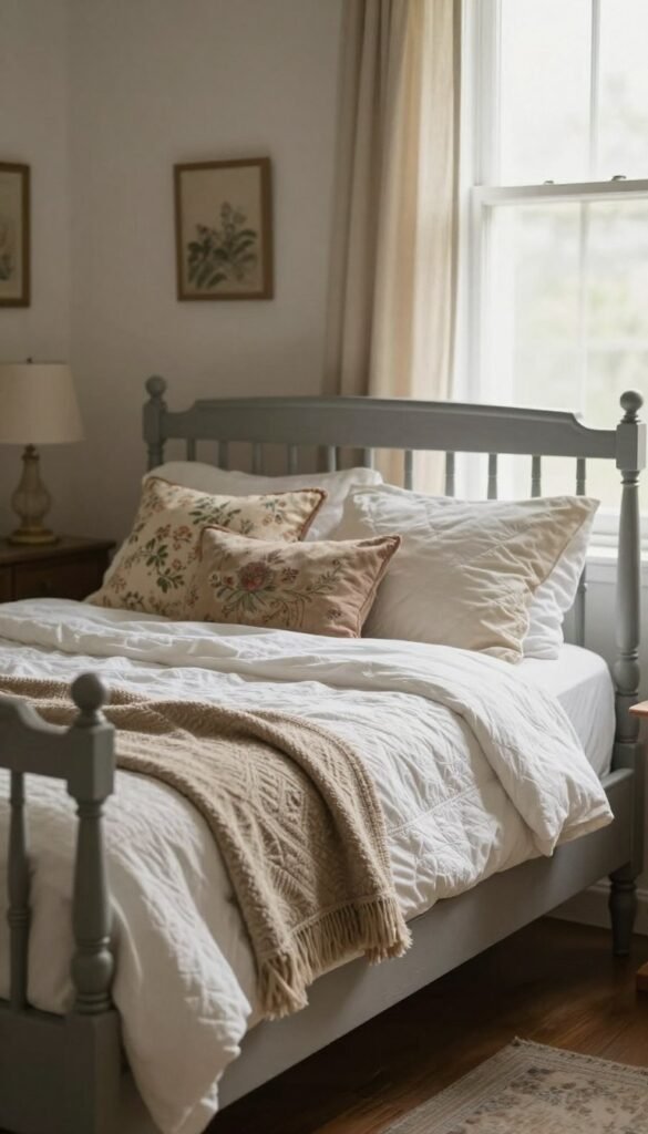 Weathered grey wooden vintage bed with quilted bedding