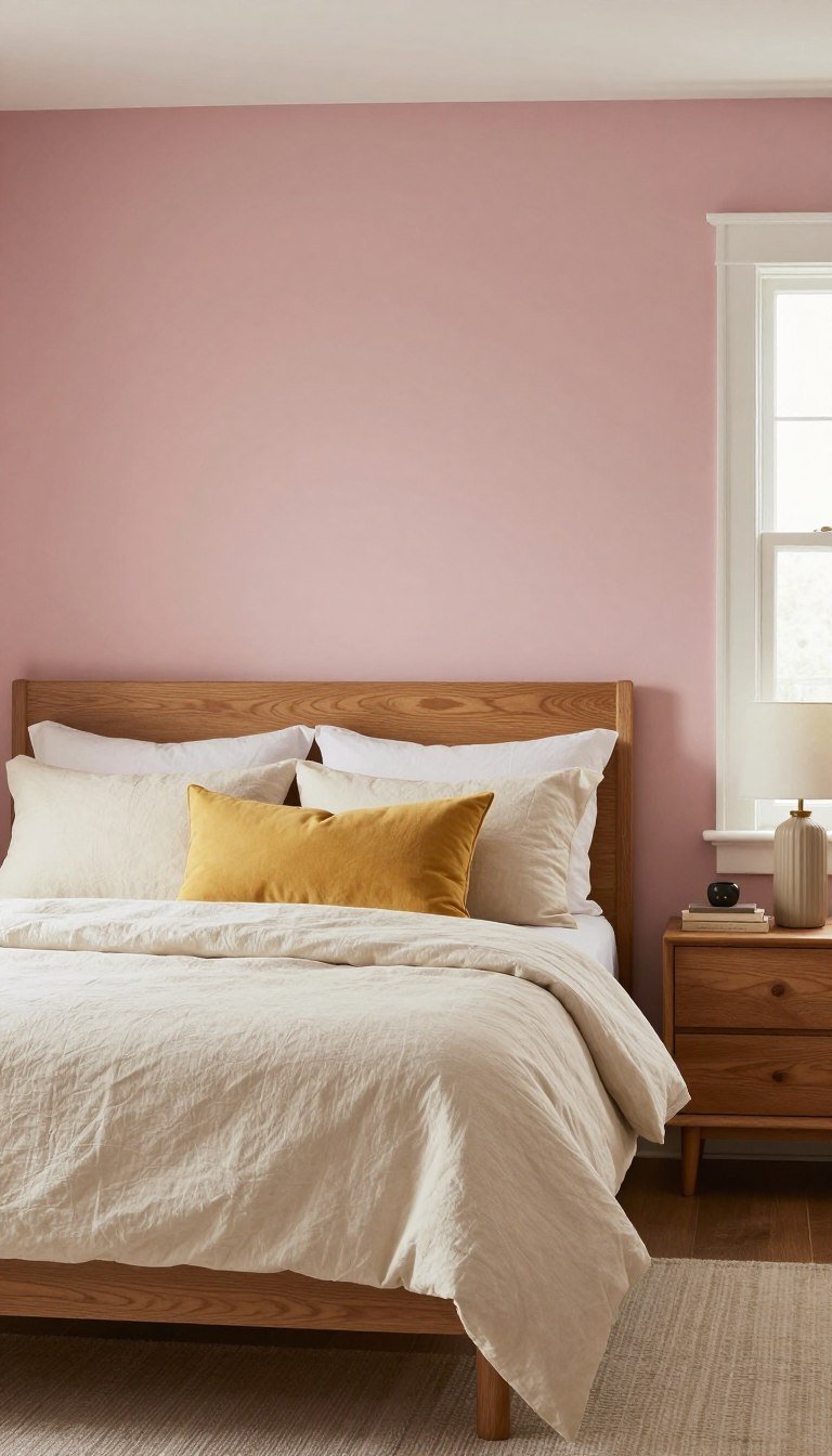 dusty pink and mustard yellow bedroom ideas with pink walls
