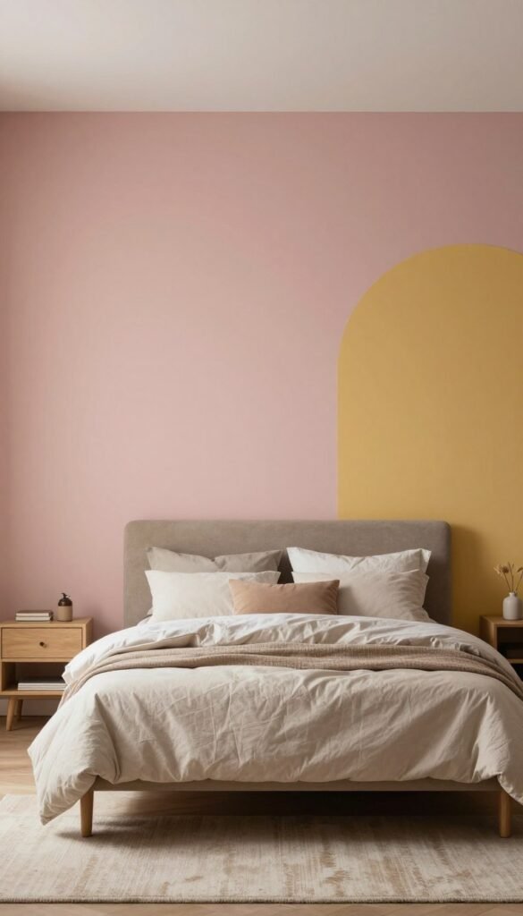 dusty pink and mustard yellow color blocking behind a bed