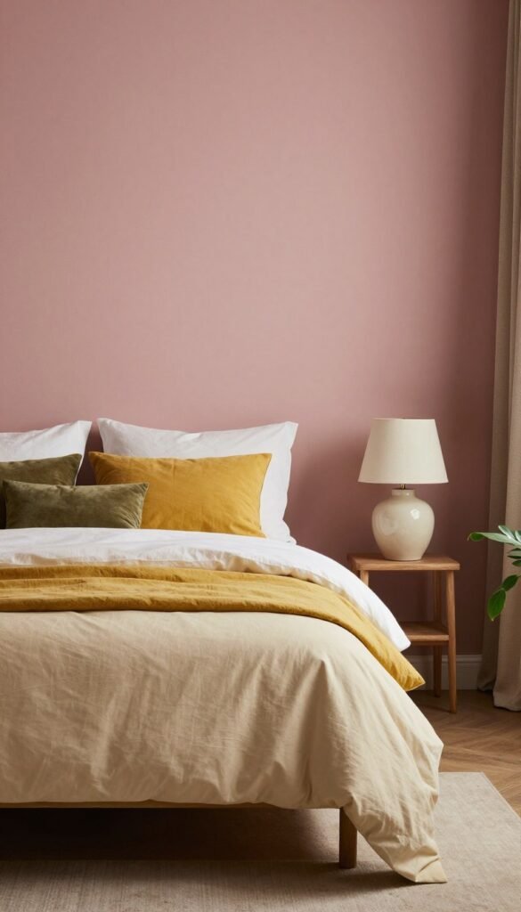 olive green accents with dusty pink and mustard bedroom decor