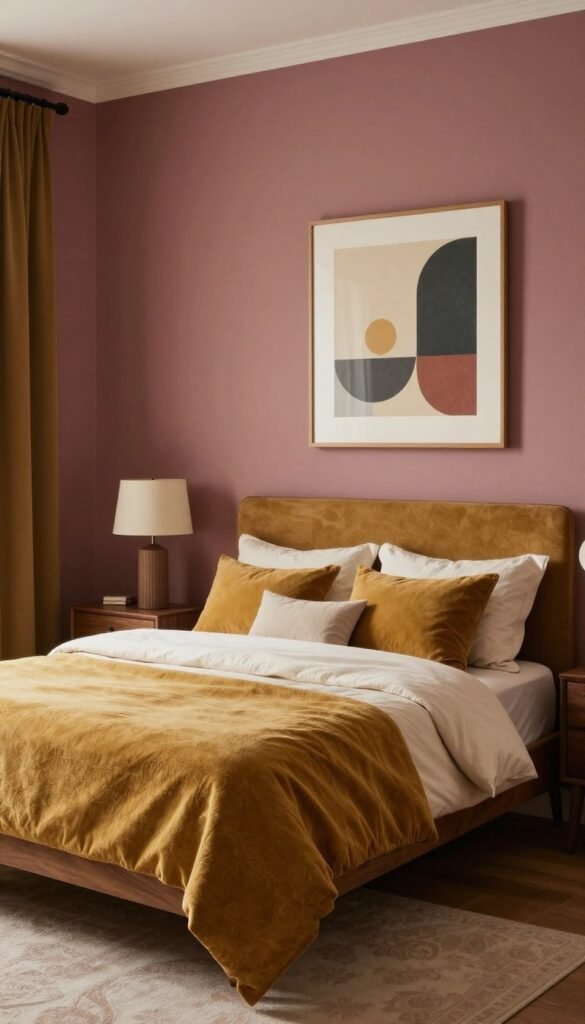 retro-inspired dusty pink and mustard yellow bedroom