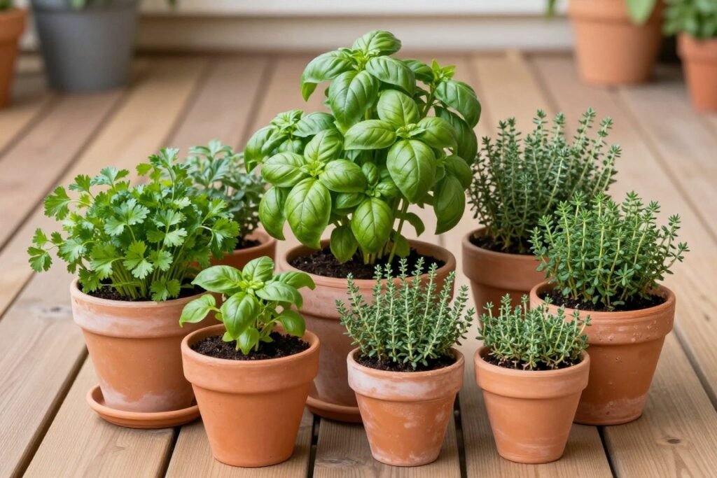 Collection of terracotta pots with culinary herbs on a deck