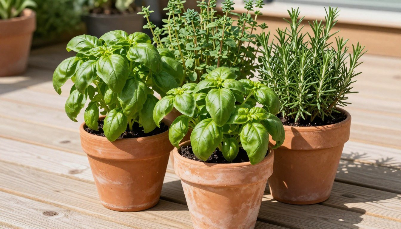 Deck herb garden with potted culinary herbs on an outdoor patio