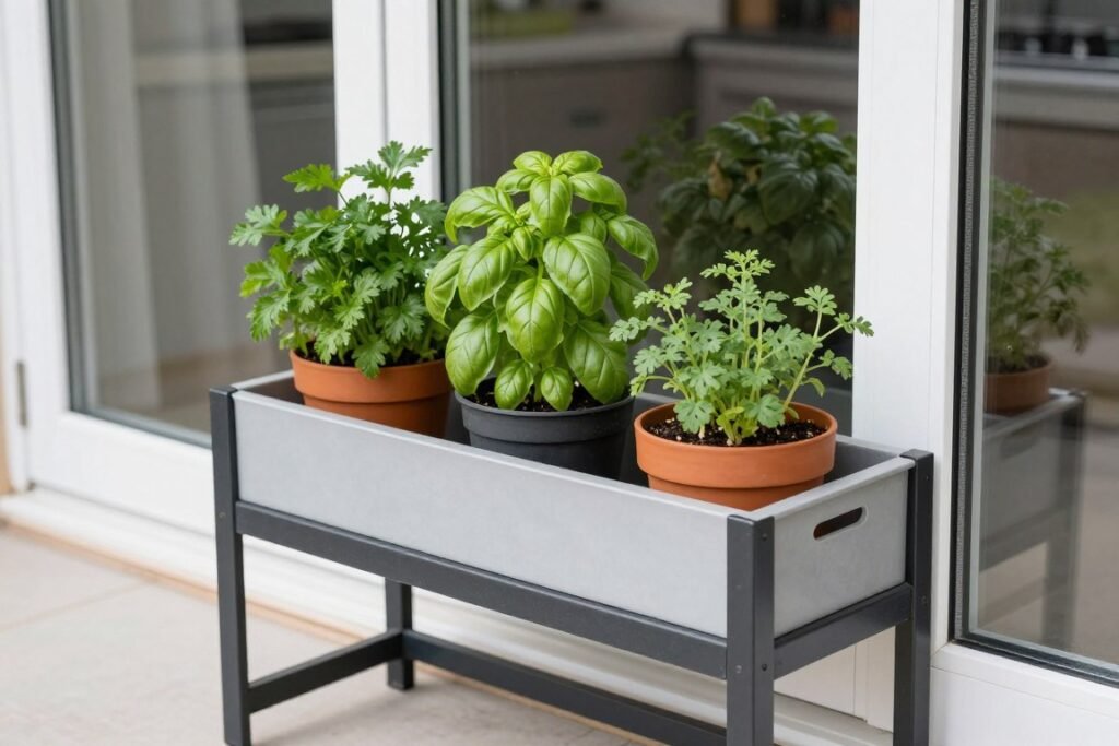 Deck herb station with fresh culinary herbs near the kitchen door