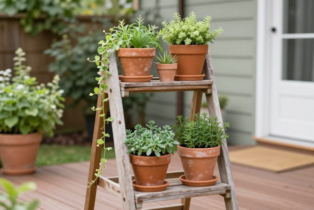 Freestanding wooden ladder shelf holding potted herbs on a deck
